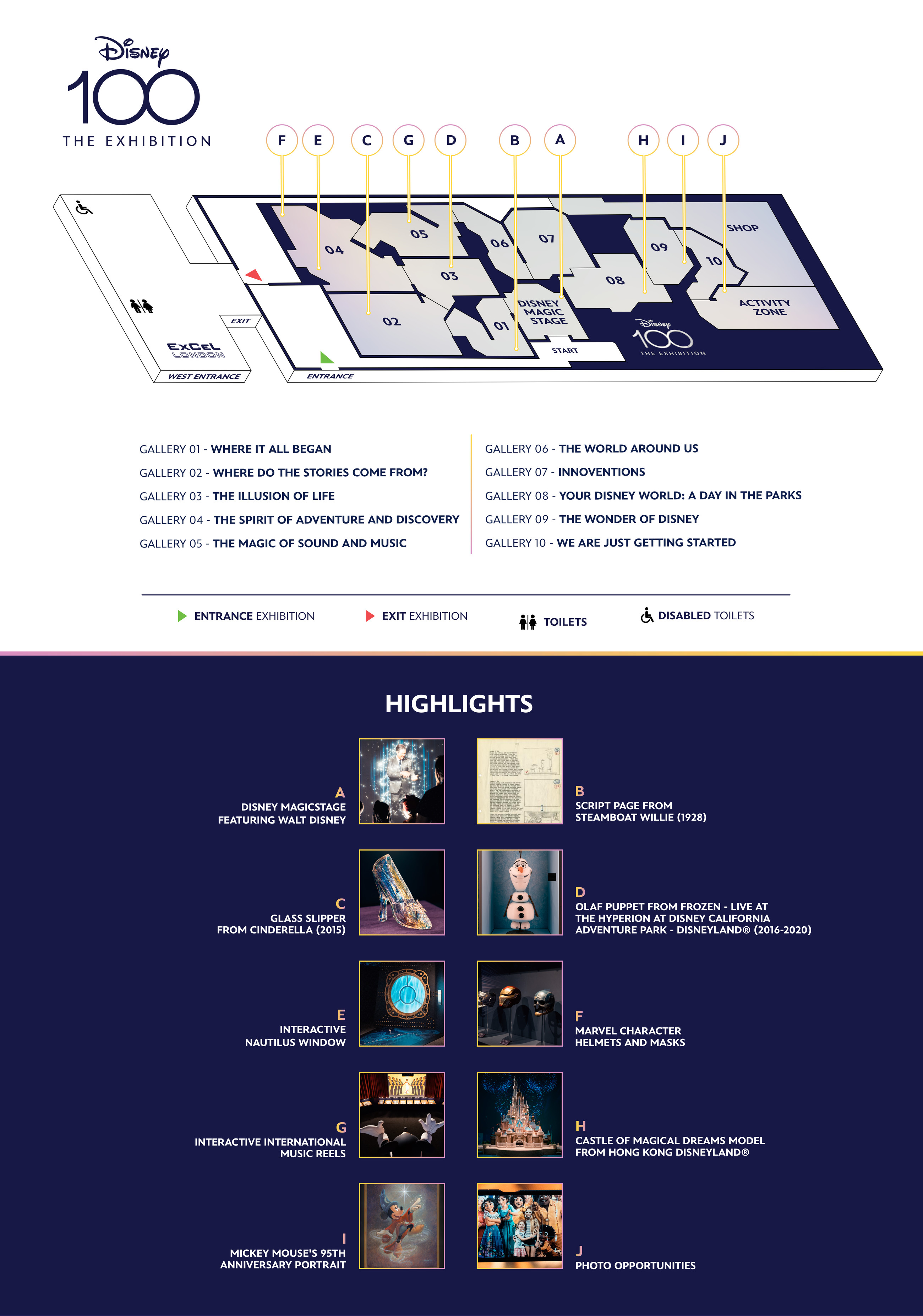 Floormap of the Disney100 Exhibition in London
